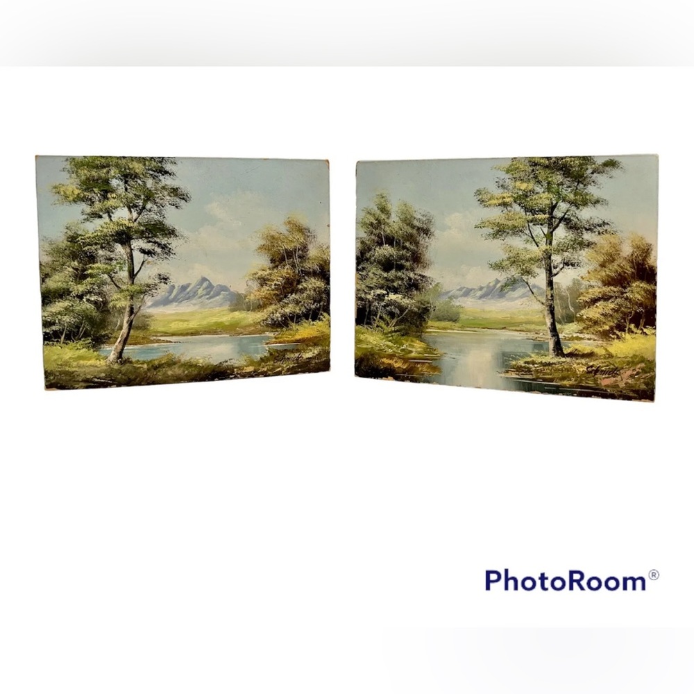 Vintage 8 x 10 Oil on Board Landscape Painting Signed Schmidt Unframed Set of 2